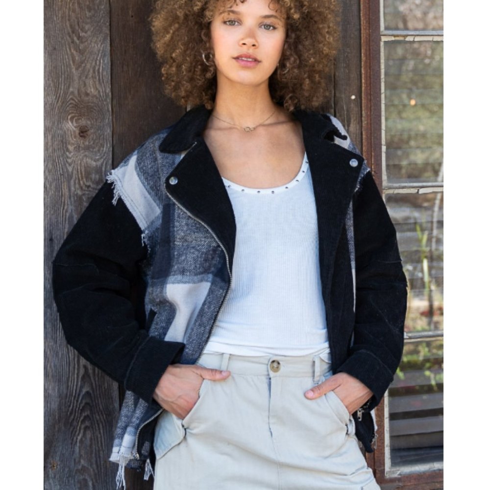 FWJ84 POL Plaid Spliced Biker Jacket